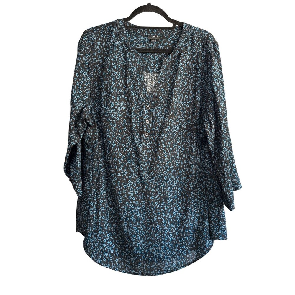 Torrid Womens Harper Blouse Size 2 Brown & Blue Star Print Button Front - Picture 1 of 8